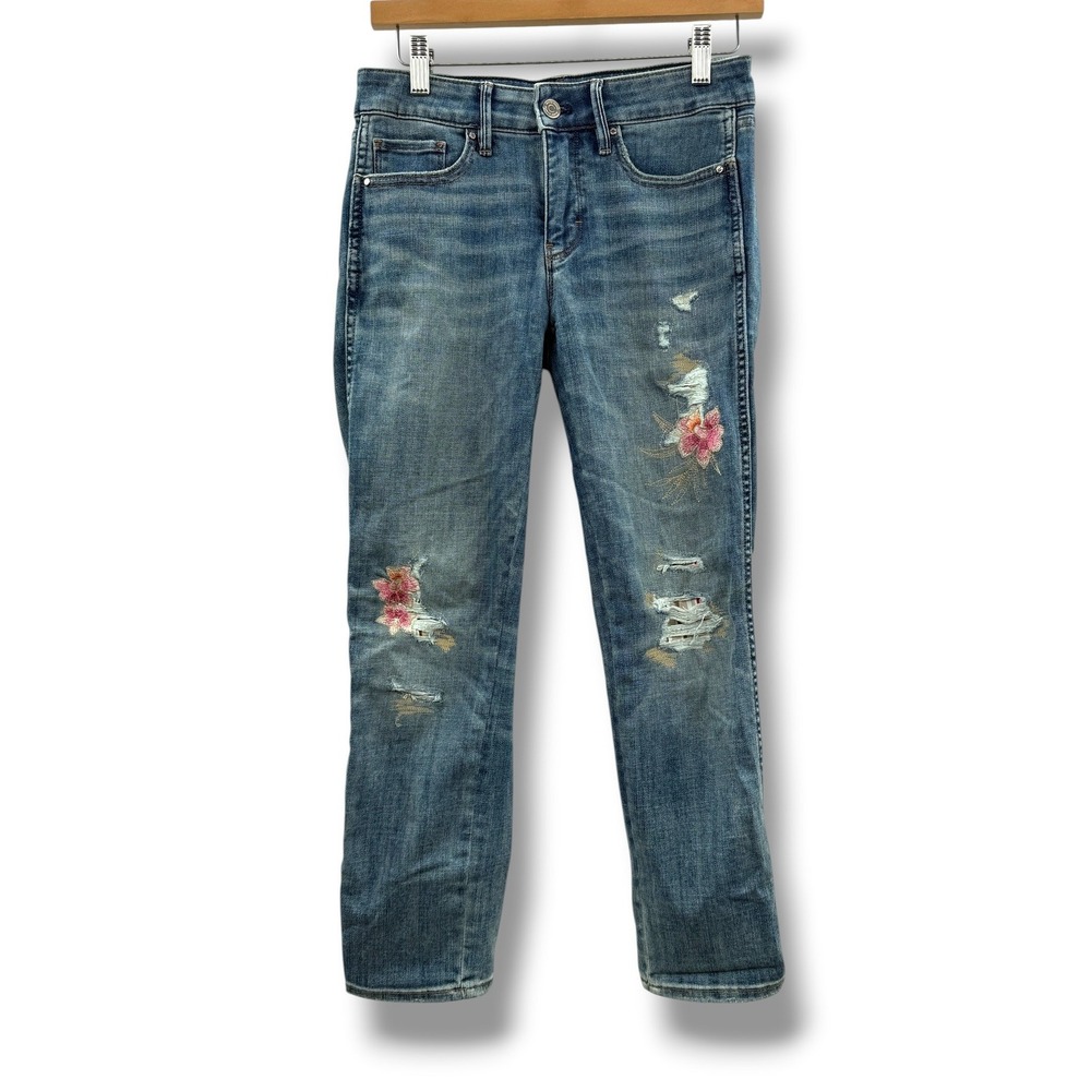 White House Black Market The Straight Crop Jeans 2 Blue Distressed Floral